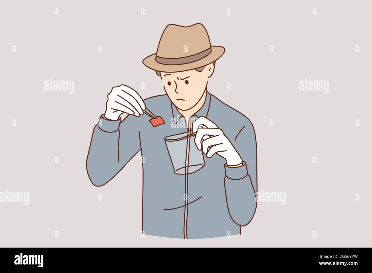 Detective with evidence working concept. Young serious an working as detective in hat putting piece of paper evidence of crime to special transparent bag  Stock Vector