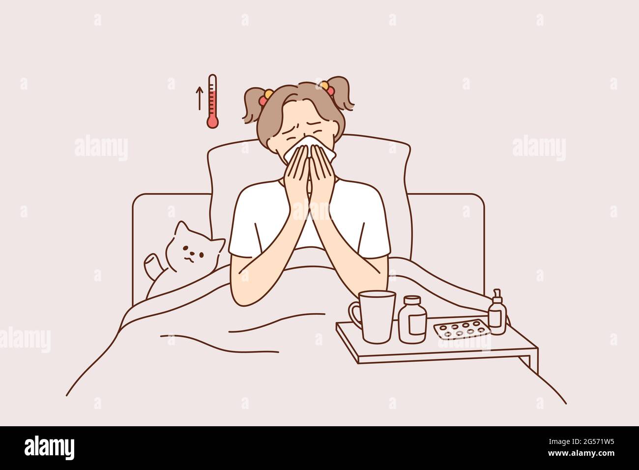 Fever, illness and feeling ill concept. Little girl cartoon character  sitting in bed feeling high temperature fever cold staying at home vector  illustration Stock Vector Image & Art - Alamy