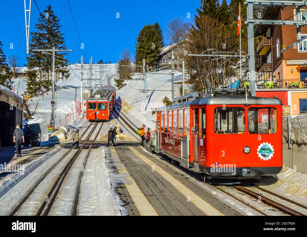 Mount Rigi or Mt Rigi Kulm covered in snow in winter where cogwheel train runs in Switzerland Europe Stock Photo