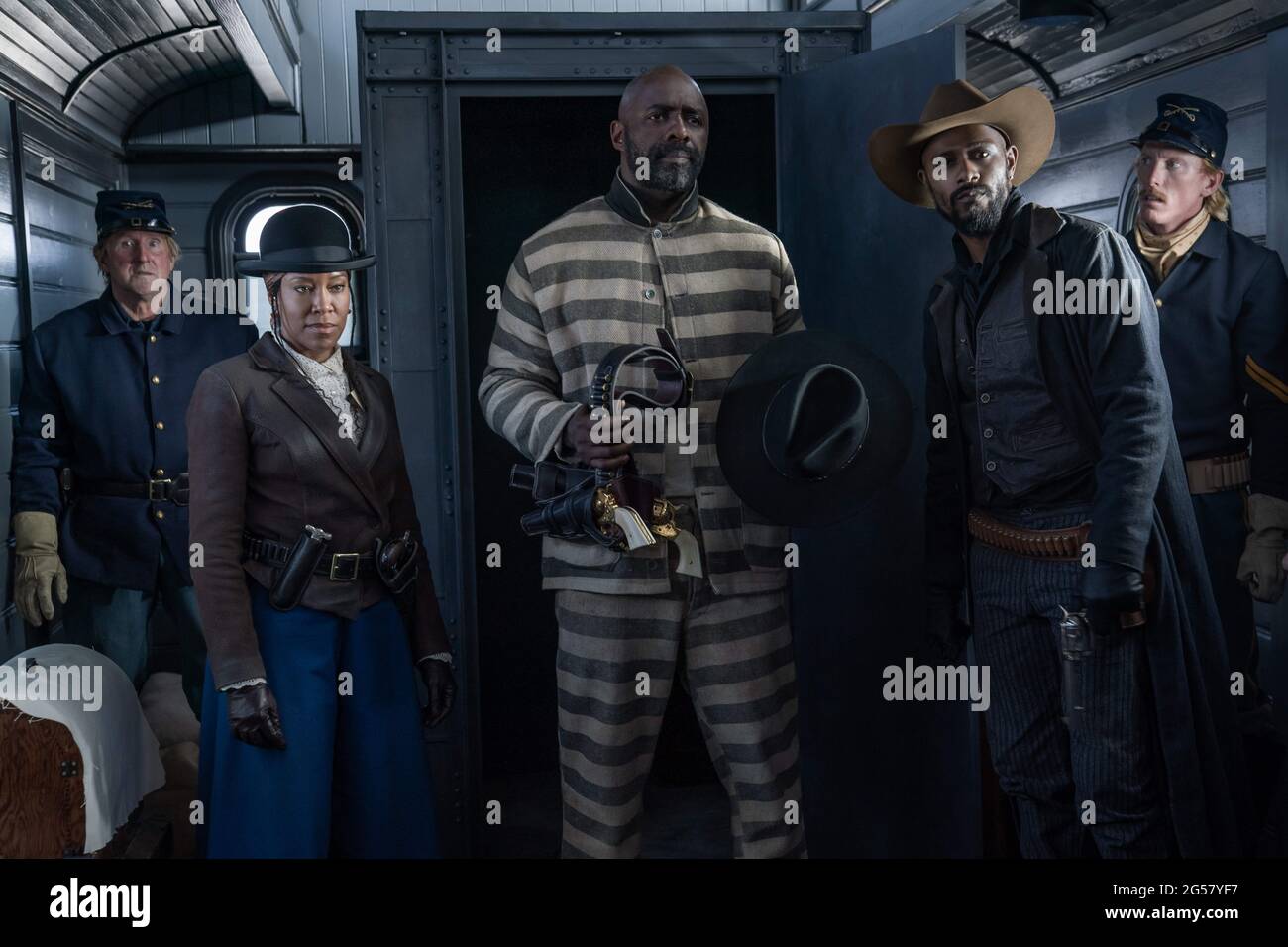 RELEASE DATE: 2021 TITLE: The Harder They Fall STUDIO: Netflix DIRECTOR: Jeymes Samuel PLOT: When an outlaw discovers his enemy is being released from prison, he reunites his gang to seek revenge in this Western. STARRING: REGINA KING, IDRIS ELBA, LAKEITH STANFIELD. (Credit Image: © Netflix/Entertainment Pictures) Stock Photo