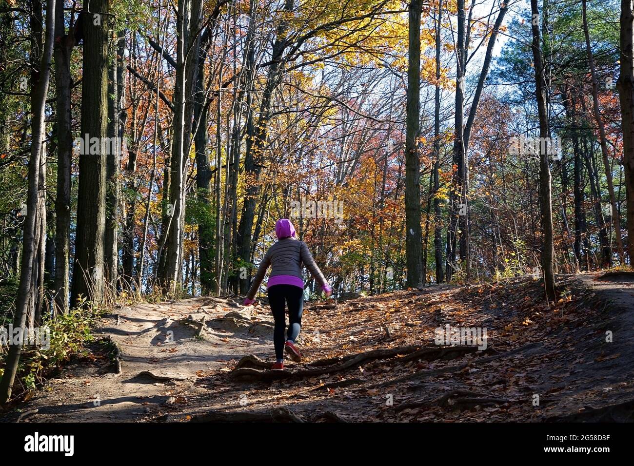 Toronto, Ontario / Canada - October 31, 2020: Teenage girl hiking in the forest with autumn leaf colour Stock Photo