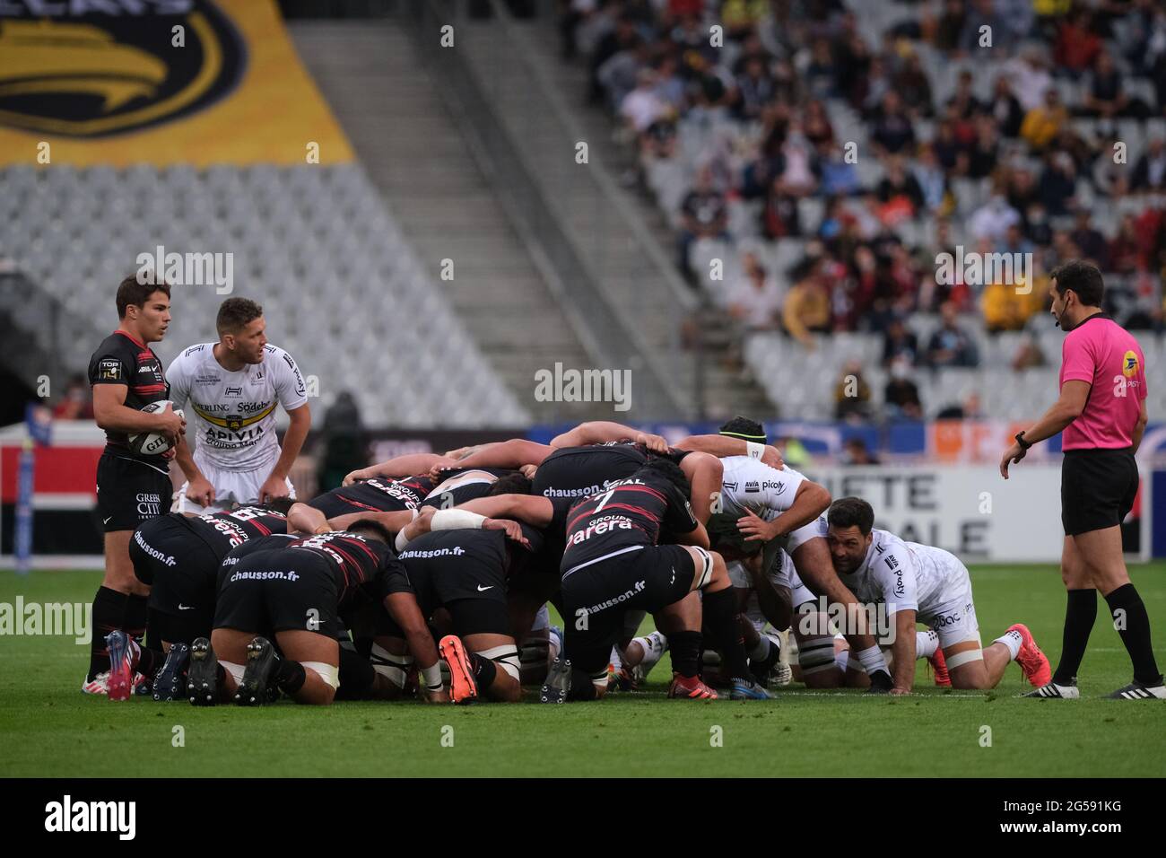 Paris, France. 26th June, 2021. Stade Toulousain Scrum half ANTOINE DUPONT player of the match in action during the final French rugby Championship 14 between Stade Toulousain and Stade Rochelais