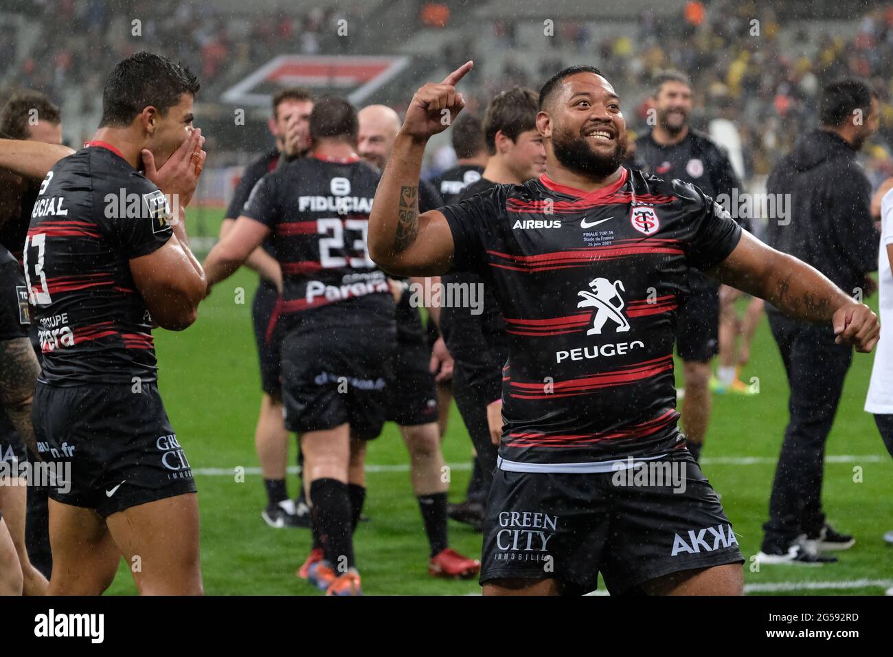 Paris, France. 26th June, 2021. Joy of Stade Toulousain Flanker SELEVASIO  TOLOFUA after the victory during the final of French rugby Championship Top  14 between Stade Toulousain and Stade Rochelais at Stade