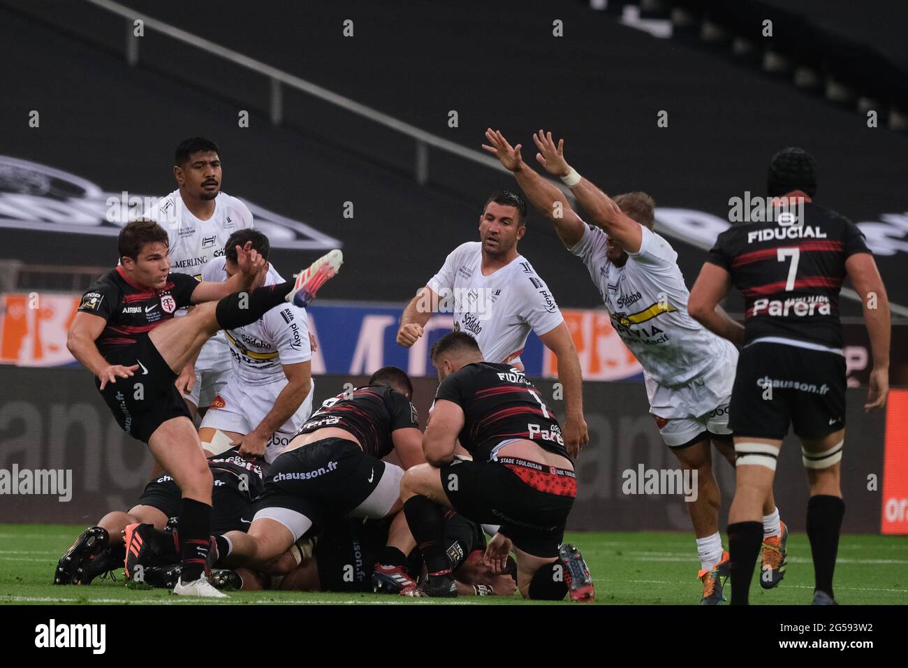 Paris, France. 26th June, 2021. Stade Toulousain Scrum half ANTOINE DUPONT player of the match in action during the final French rugby Championship 14 between Stade Toulousain and Stade Rochelais