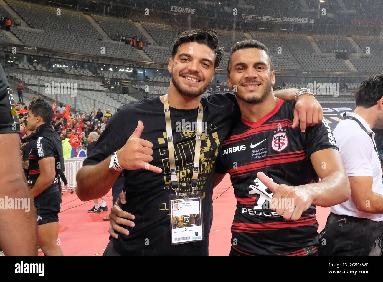 Paris France. 26th June 2021. Stade Toulousain Lock ROMAIN NTAMACK after the victory of the final of French rugby Championship Top 14 between Stade Toulousain and Stade Rochelais at Stade de France