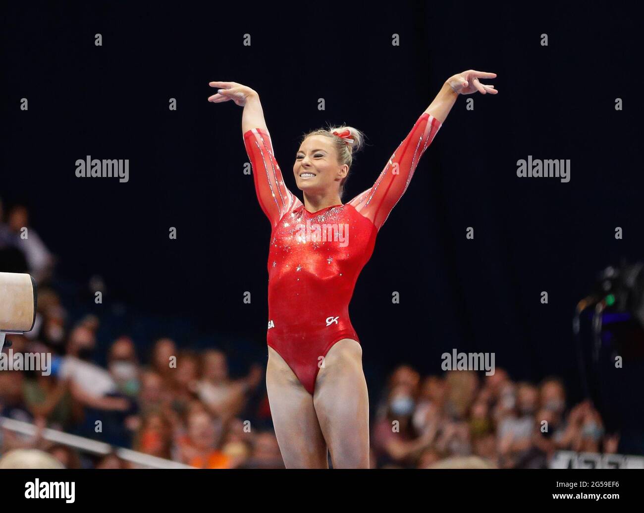 St Louis, USA. 25th June, 2021. June 25, 2021: MyKayla Skinner smiles as she completes her beam routine during Day 1 of the 2021 U.S. Women's Gymnastics Olympic Team Trials at the Dome at America's Center in St. Louis, MO. Kyle Okita/CSM Credit: Cal Sport Media/Alamy Live News Stock Photo