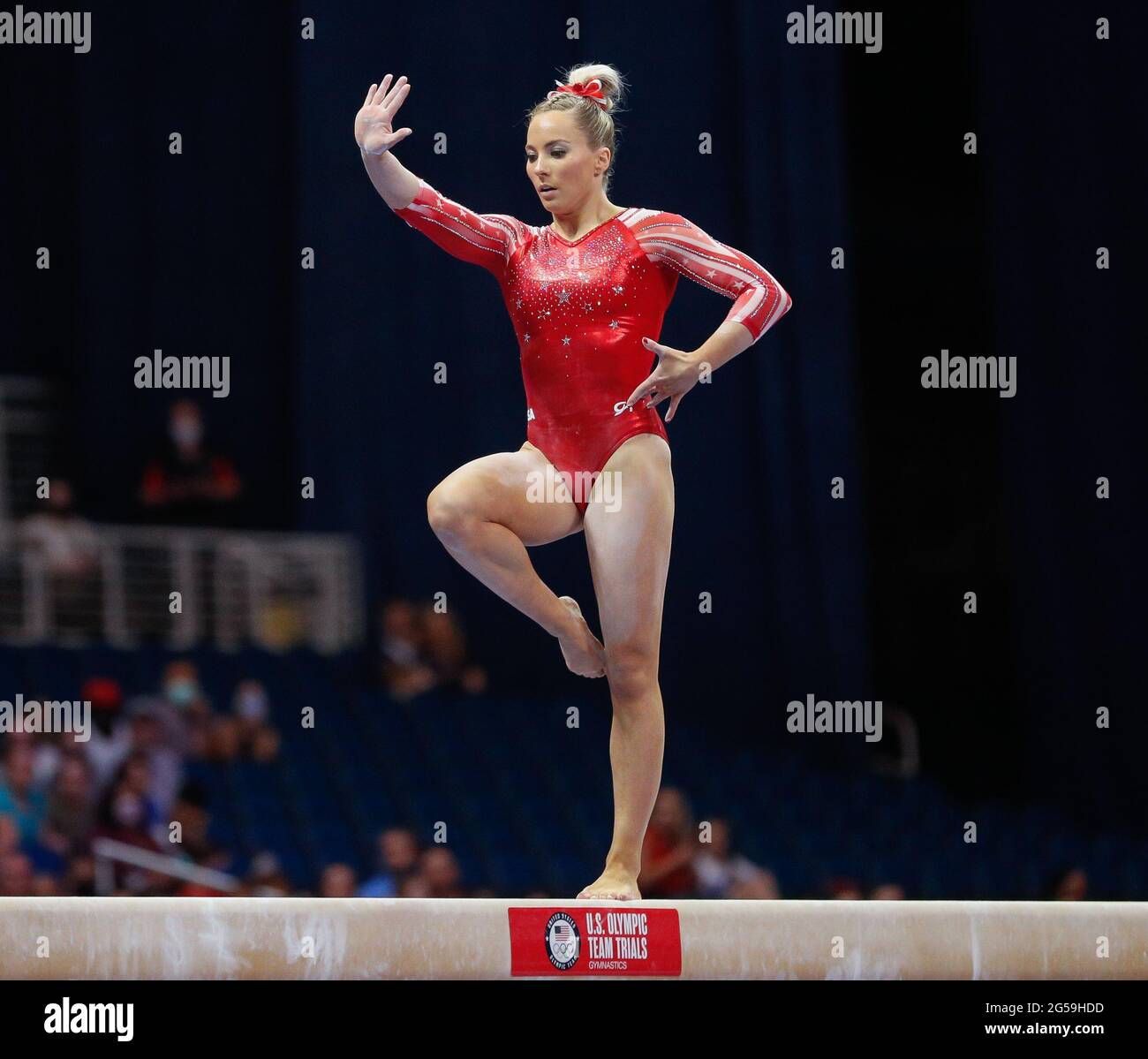 St Louis, USA. 25th June, 2021. June 25, 2021: Mykayla Skinner performs on the balance beam during Day 1 of the 2021 U.S. Women's Gymnastics Olympic Team Trials at the Dome at America's Center in St. Louis, MO. Kyle Okita/CSM Credit: Cal Sport Media/Alamy Live News Stock Photo
