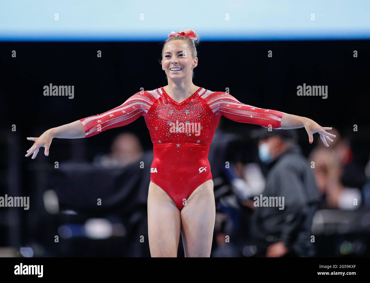 St Louis, USA. 25th June, 2021. June 25, 2021: MyKayla Skinner smiles after her floor routine during Day 1 of the 2021 U.S. Women's Gymnastics Olympic Team Trials at the Dome at America's Center in St. Louis, MO. Kyle Okita/CSM Credit: Cal Sport Media/Alamy Live News Stock Photo