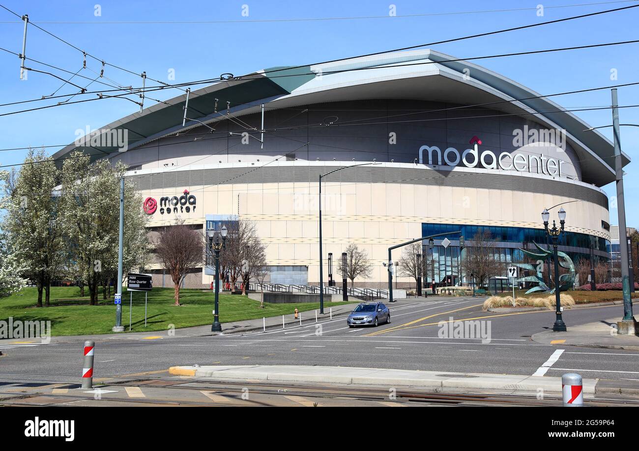 Editorial Moda Center, Portland- Oregon, April 1 2021: the famous sports and concert arena in Portland. Stock Photo