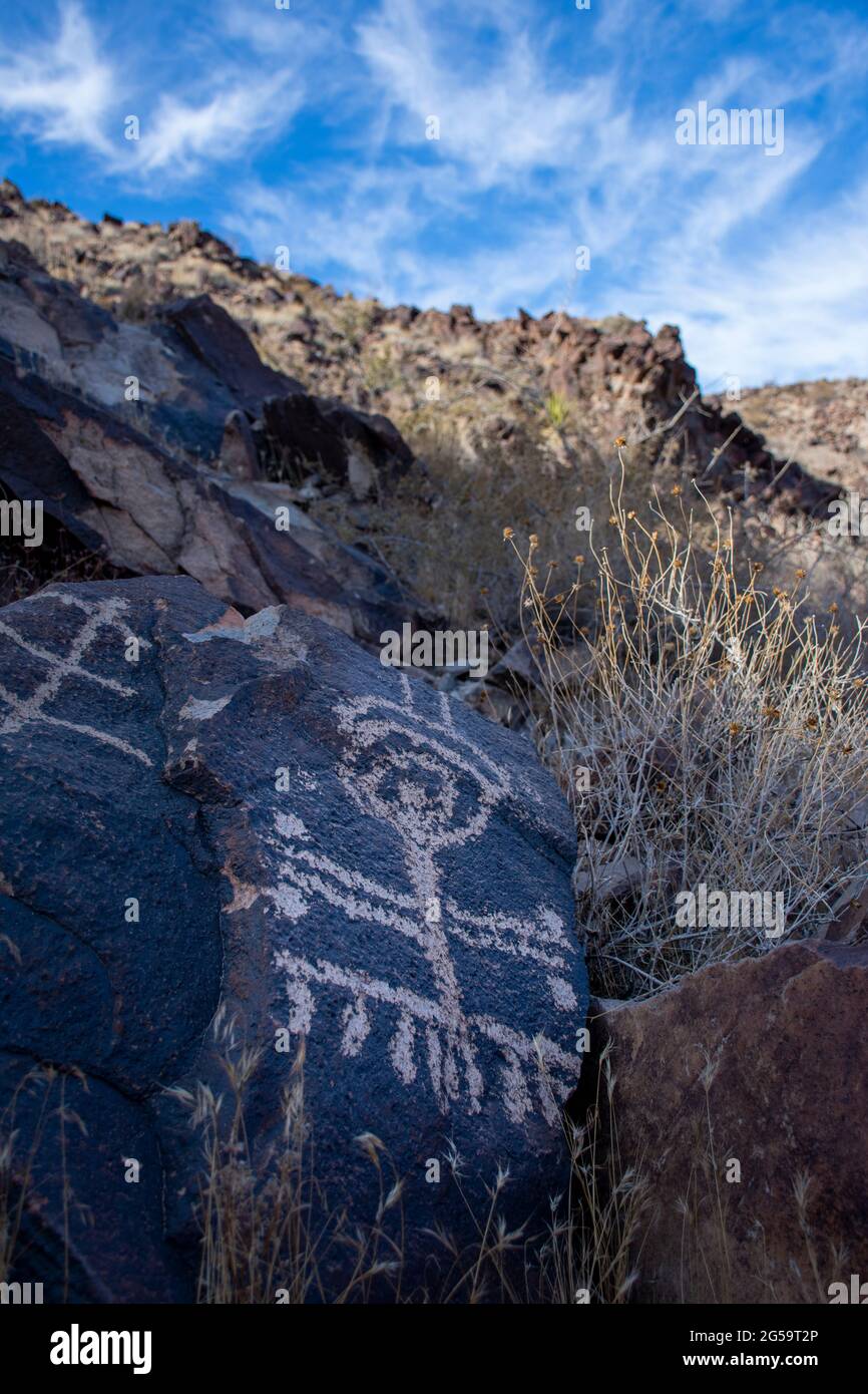 Native American petroglyphs carved into rocks in the Mohave Desert near Las Vegas, Nevada Stock