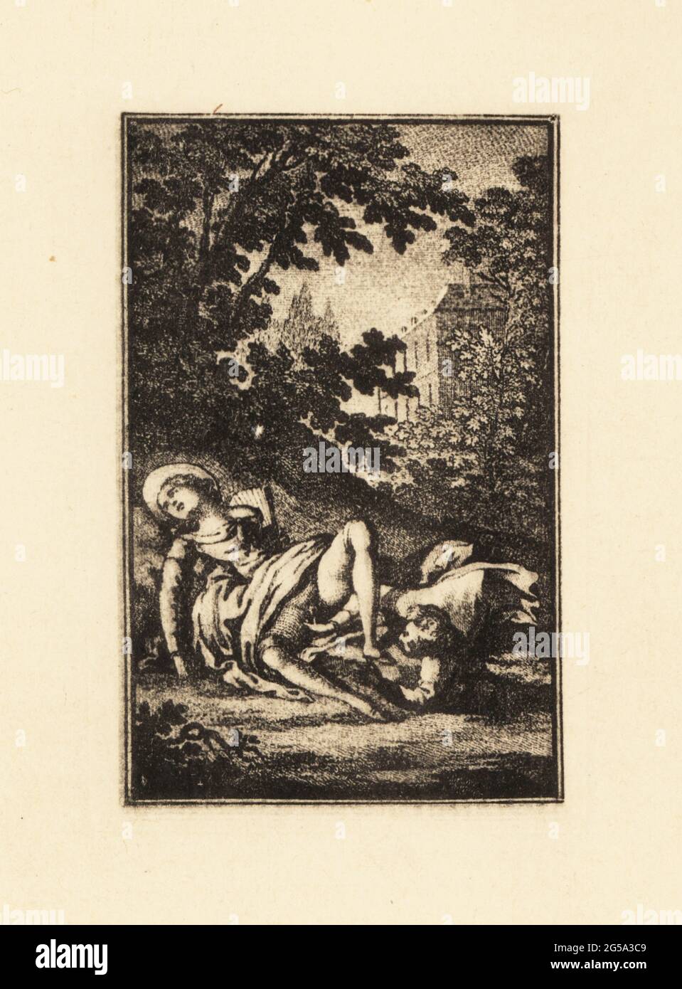 A gentleman masturbating a clothed woman under her petticoats in the garden of a chateau, 18th century. Copperplate engraving heliogravure by Francois Rolland Elluin after Antoine Borel from Jean-Charles Gervaise de Latouche’s Memoiren des Saturnin, von ihm selbst Niedergeschreiben, Privatdruck, Liepzig, 1911. Also known as Le Portier des Chartreux, it was one of several erotic novels written by Latouche, 1715-1782, a lawyer at the Paris Parliament. Stock Photo