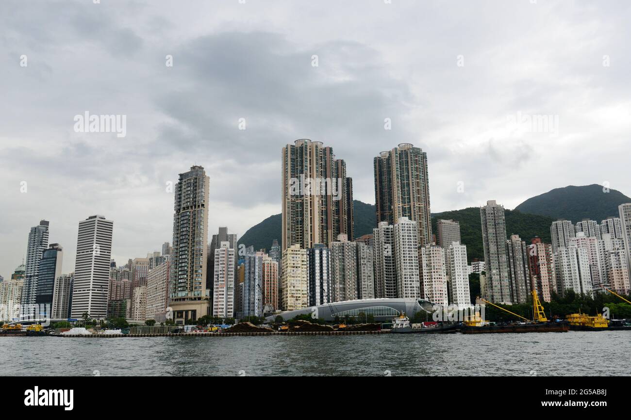 An aerial view of the Wan Chai sports ground, Causeway Bay and North Point in Hong Kong. Stock Photo