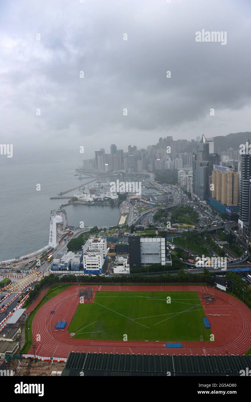 An aerial view of the Wan Chai sports ground, Causeway Bay and North Point in Hong Kong. Stock Photo