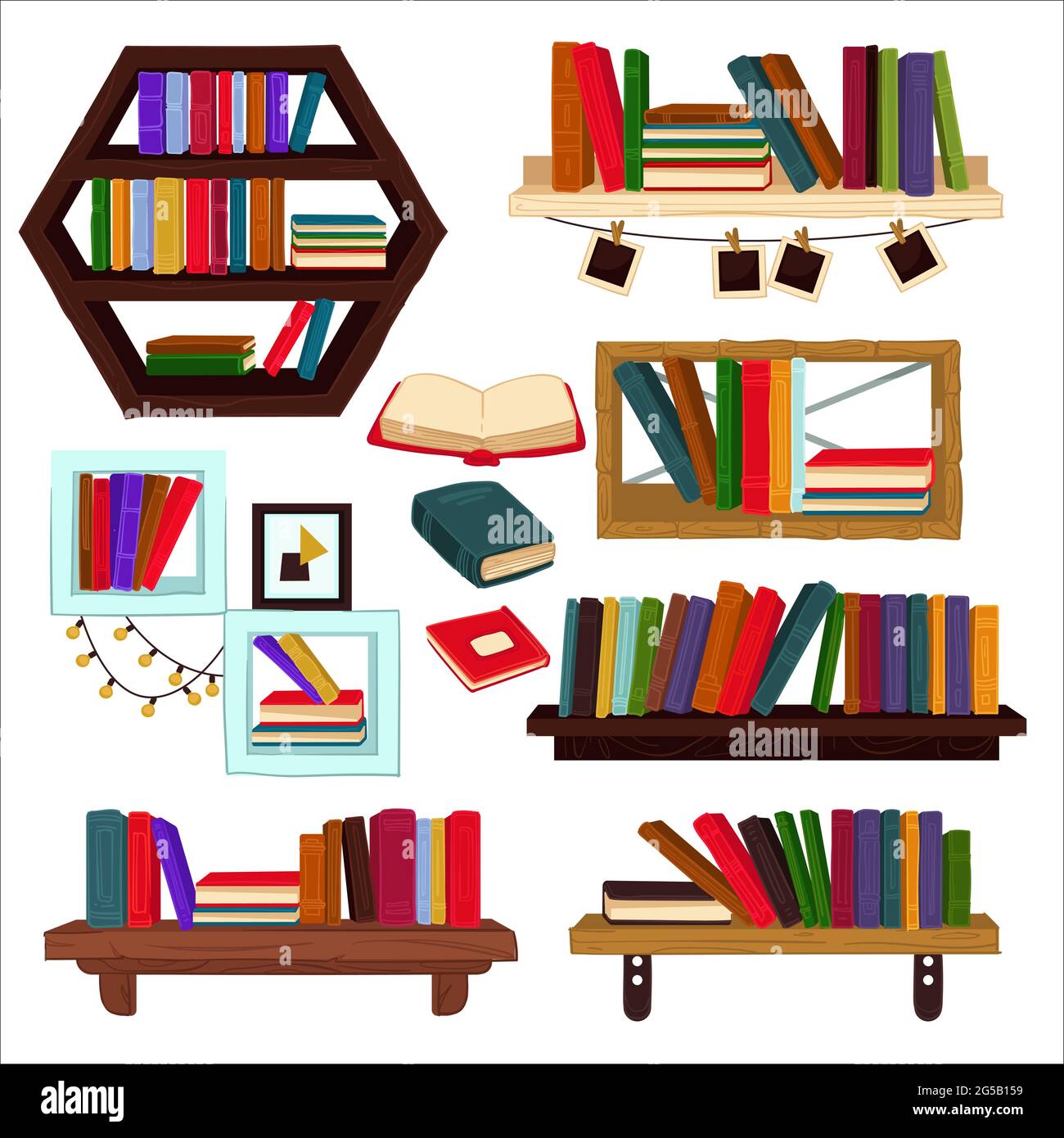 Books and textbooks on shelves, home furniture Stock Vector