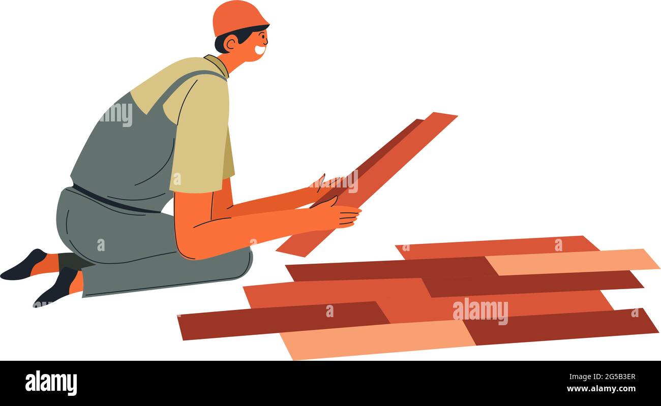 Builder renovating floor, laying parquet vector Stock Vector