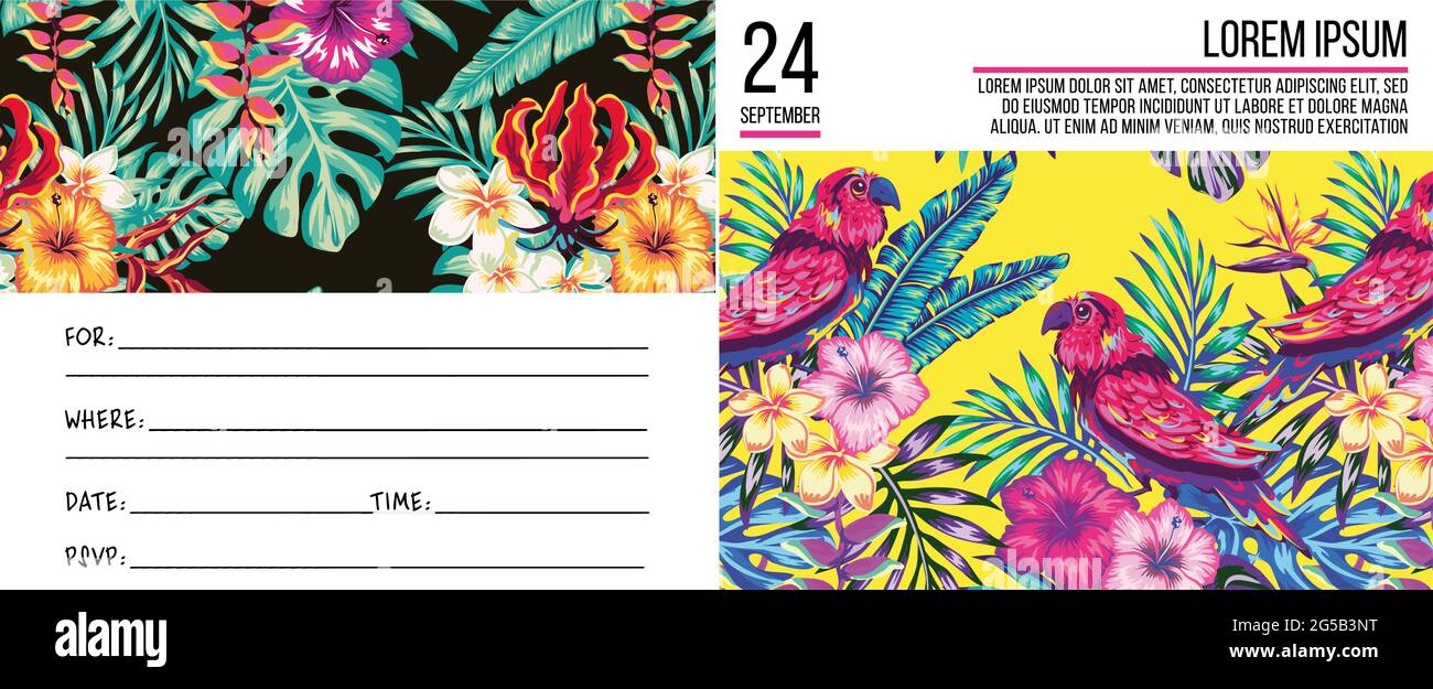 set of tropical images for magazines and invitations, decorated with tropical patterns, tropical patterns on the lima for typing, decorated with palm Stock Vector