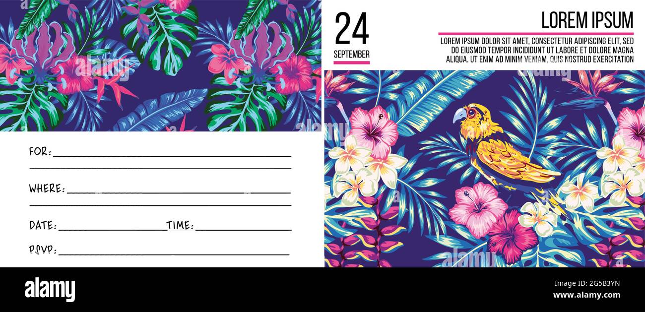 set of tropical images for magazines and invitations, decorated with tropical patterns, tropical patterns on the lima for typing, decorated with palm Stock Vector