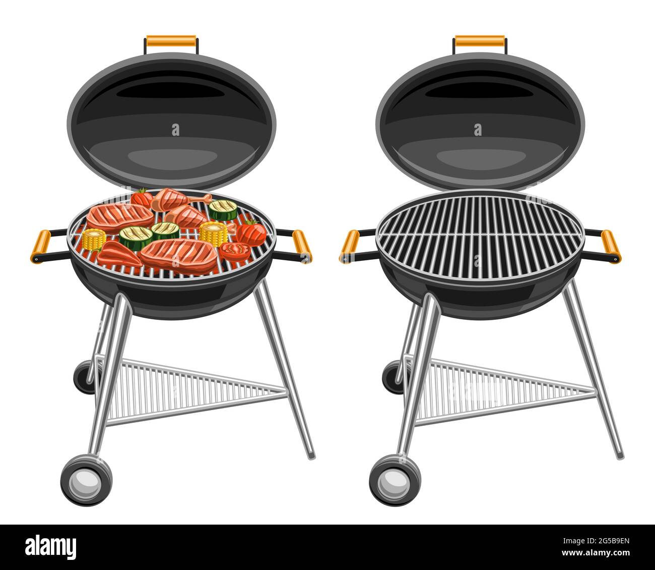 Vector illustrations of Barbecue Grills, bbq grill with roasted pork steaks and tasty grilled vegetables, isolated round barbeque with empty grate on Stock Vector