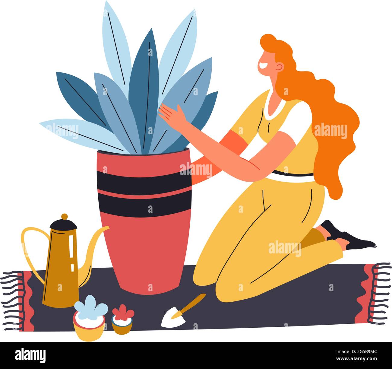 Housewife caring for plant, gardening hobby vector Stock Vector