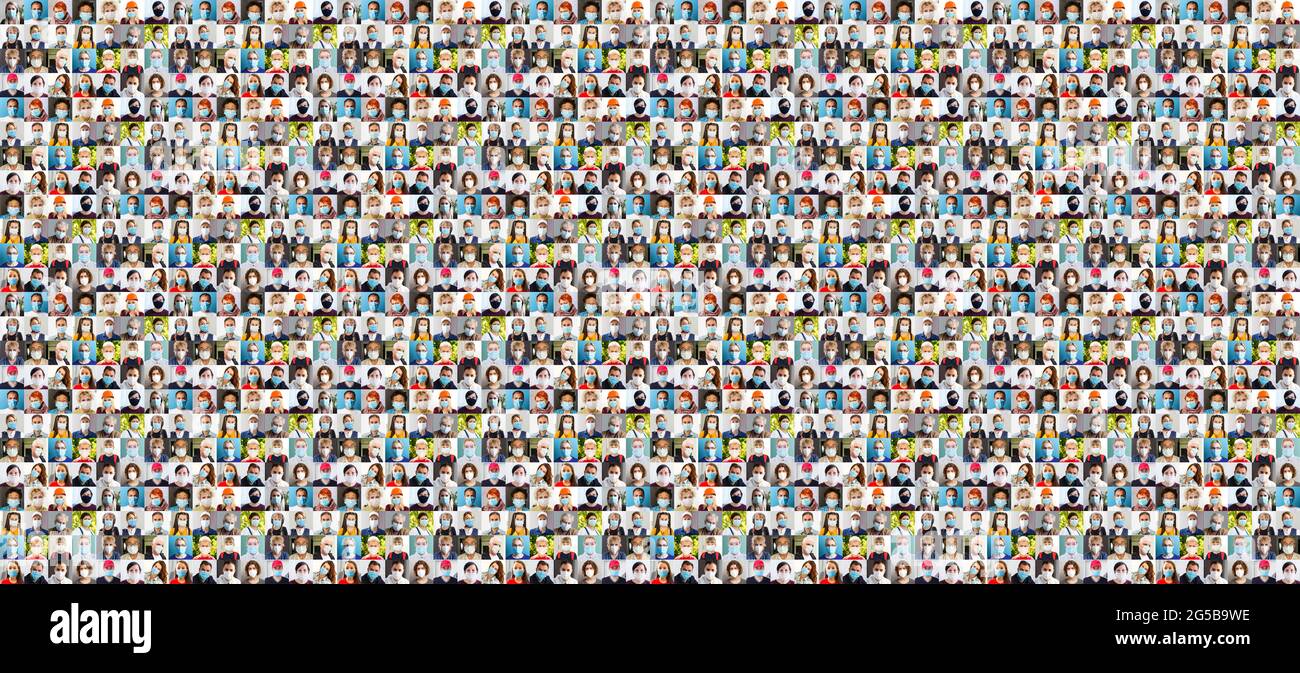 Hundreds of multiracial people crowd portraits headshots collection, collage mosaic. Many lot of multicultural different male and female smiling faces Stock Photo