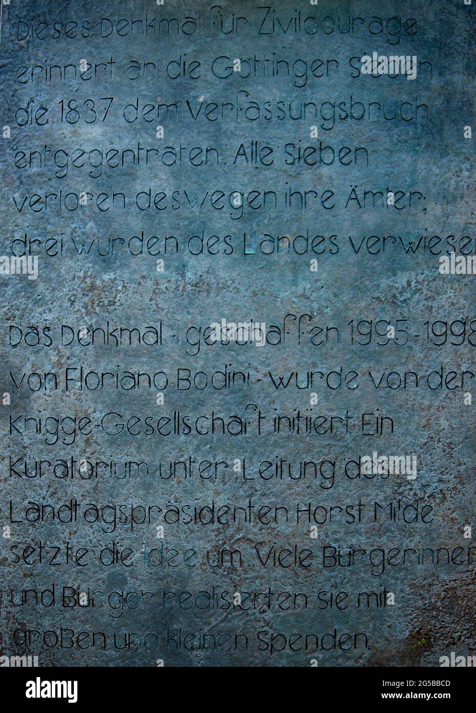 HANNOVER, GERMANY. JUNE 19, 2021. Memorial desk next to the Monument to the Gottingen Seven. A sculpture complex dedicated to seven university profess Stock Photo