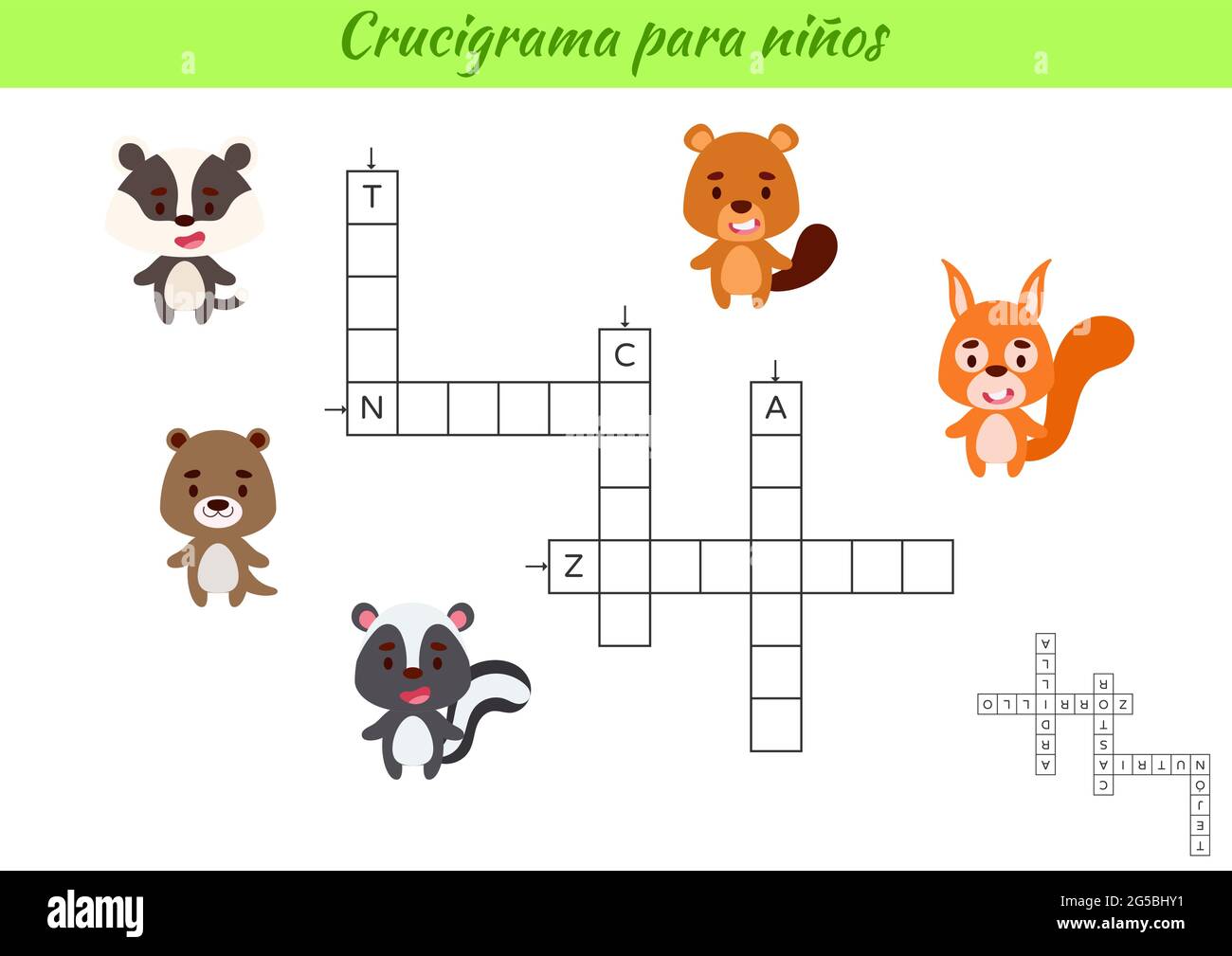 Crossword for kids in Spanish with pictures of animals. Educational game for study Spanish language and words. Children activity printable worksheet. Stock Vector