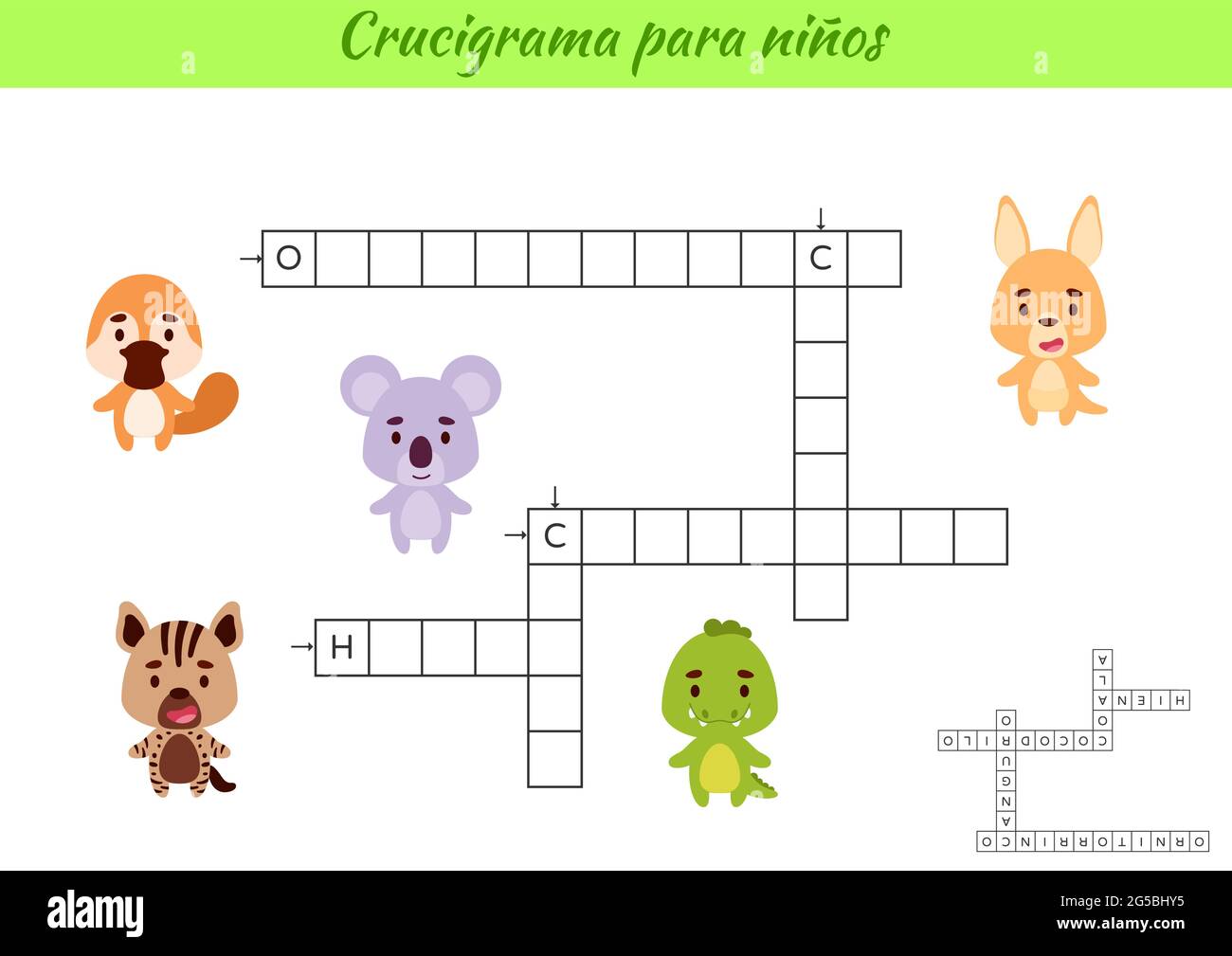 Crossword for kids in Spanish with pictures of animals. Educational game for study Spanish language and words. Children activity printable worksheet. Stock Vector