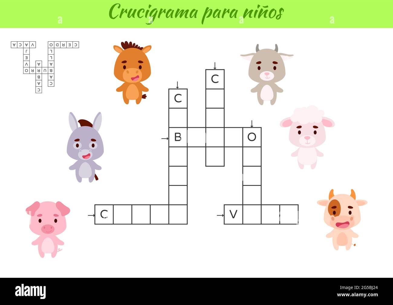 Crossword for kids in Spanish with pictures of animals. Educational game for study Spanish language and words. Children activity printable worksheet. Stock Vector