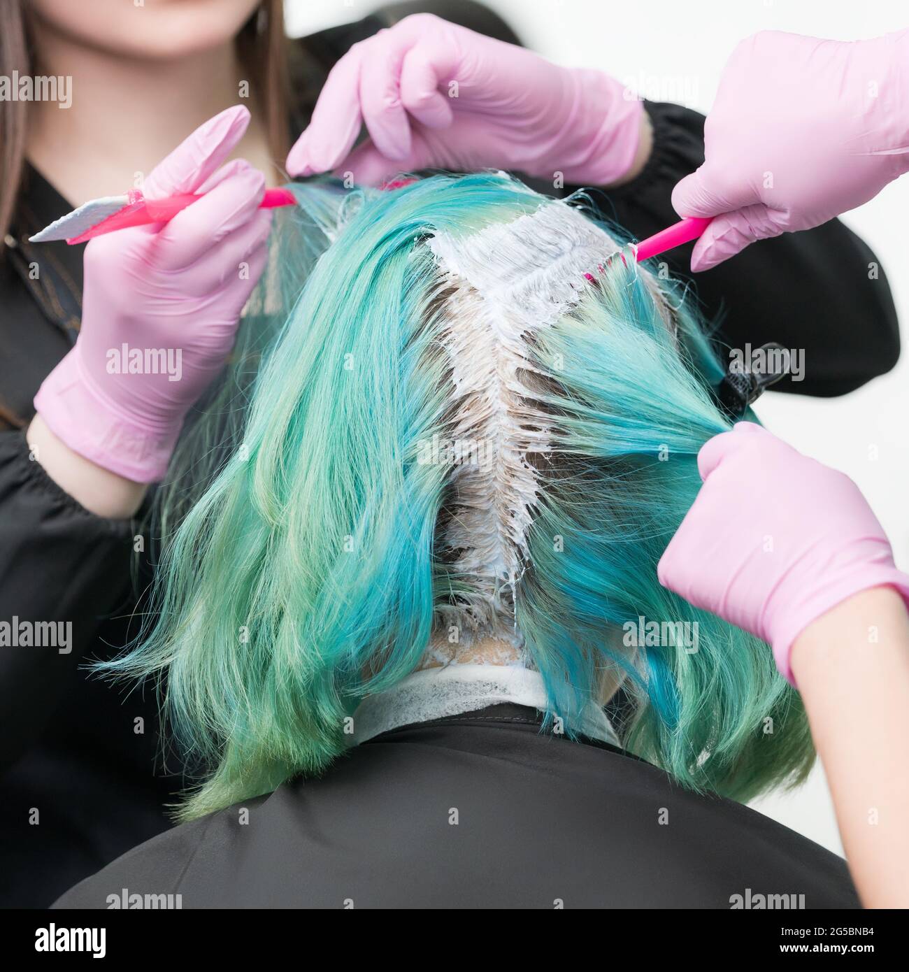 Closeup view of process of hair dye in professional beauty salon. Two
