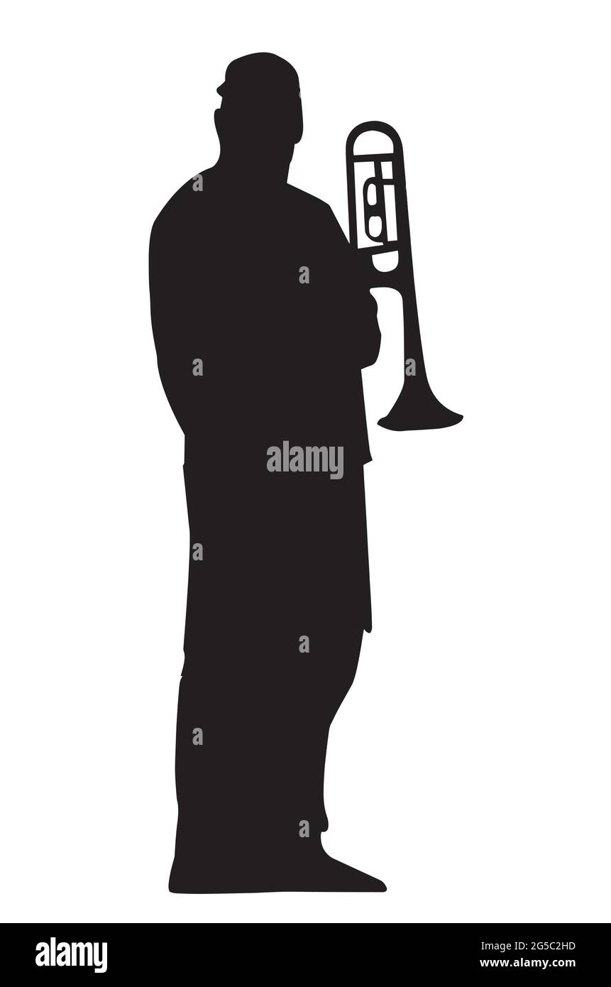 Black silhouette of a trumpeter on a white background. The musician stands at full height with a trumpet in his hand. Vector illustration. Stock Vector