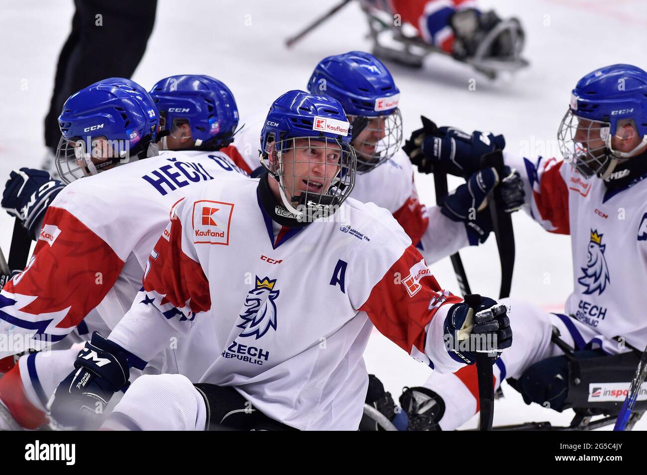 Ostrava, Czech Republic. 25th June, 2021. Radek Zelinka (CZE), center,  celebrates 2nd goal during the World Para Ice Hockey Championships 5th  place match Norway vs Czech in Ostrava, Czech Republic, on June