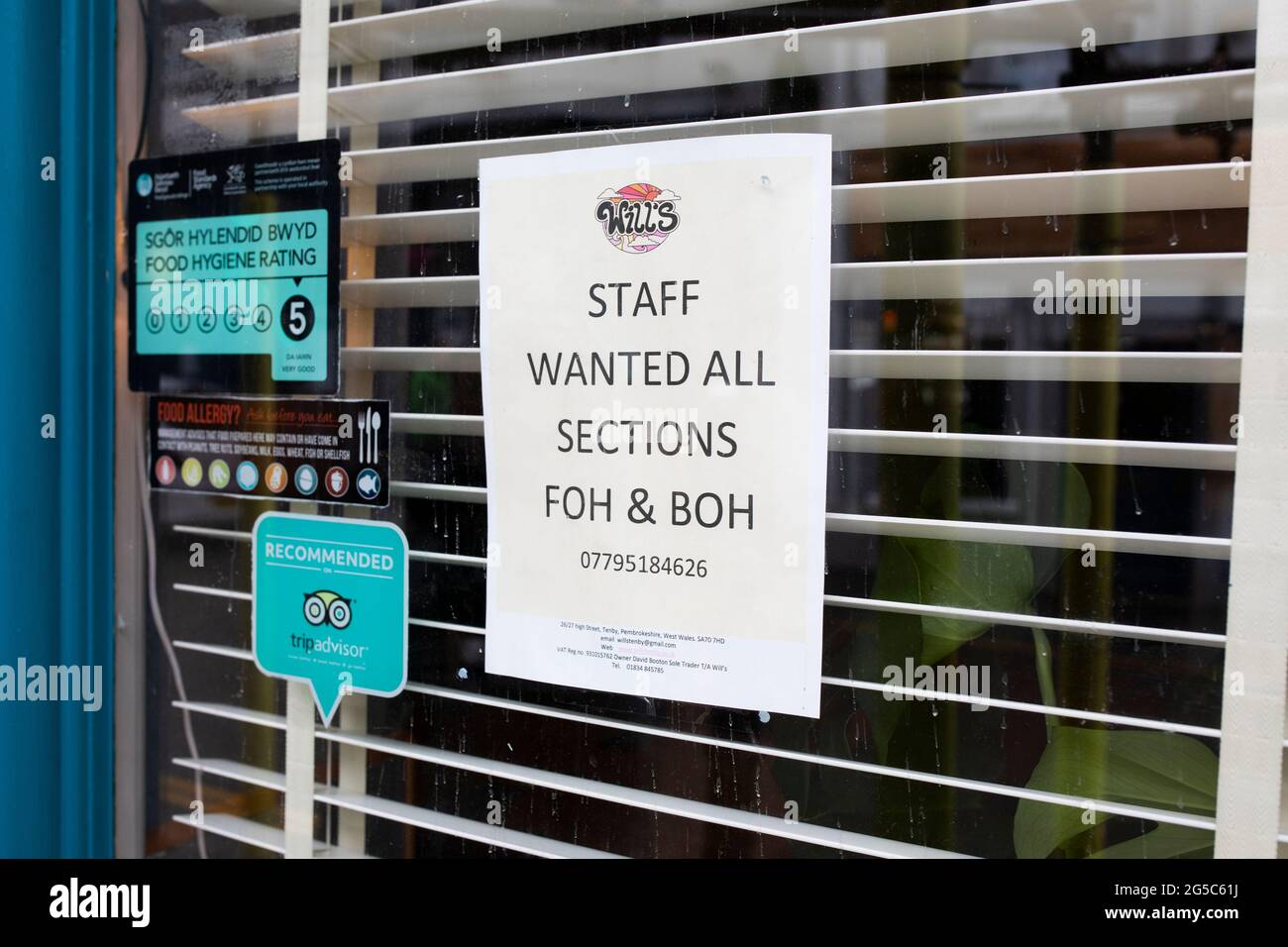 staff wanted, vacancies, we are hiring, we are recruiting, jobs available...job vacancy signs in Welsh holiday resort Tenby, Pembrokeshire Stock Photo