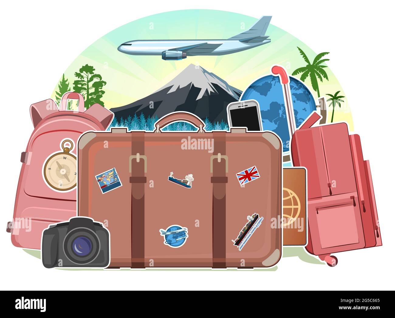 convergencia adverbio loco Tourism. Luggage suitcases. Plane. Traveling around the world. Design  concept. Postcard, banner. Isolated. Travel and adventure elements with  bags, gl Stock Photo - Alamy