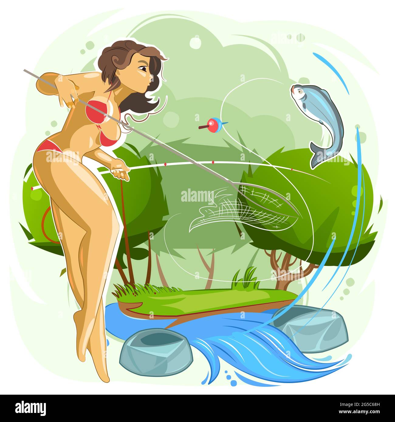 Beautiful girl fishing by the river. I caught a fish with a fishing rod.  Cartoon landscape with water and trees. Flat style Stock Photo - Alamy