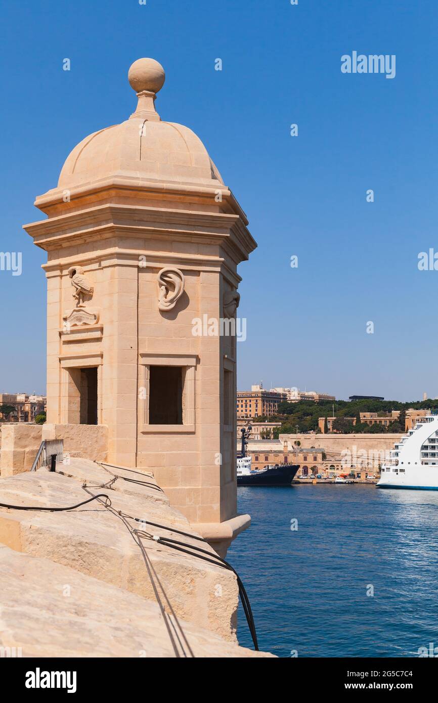 Ancient watch tower La Guardiola, Safe Haven Gardens, L-Isla, Malta Stock Photo