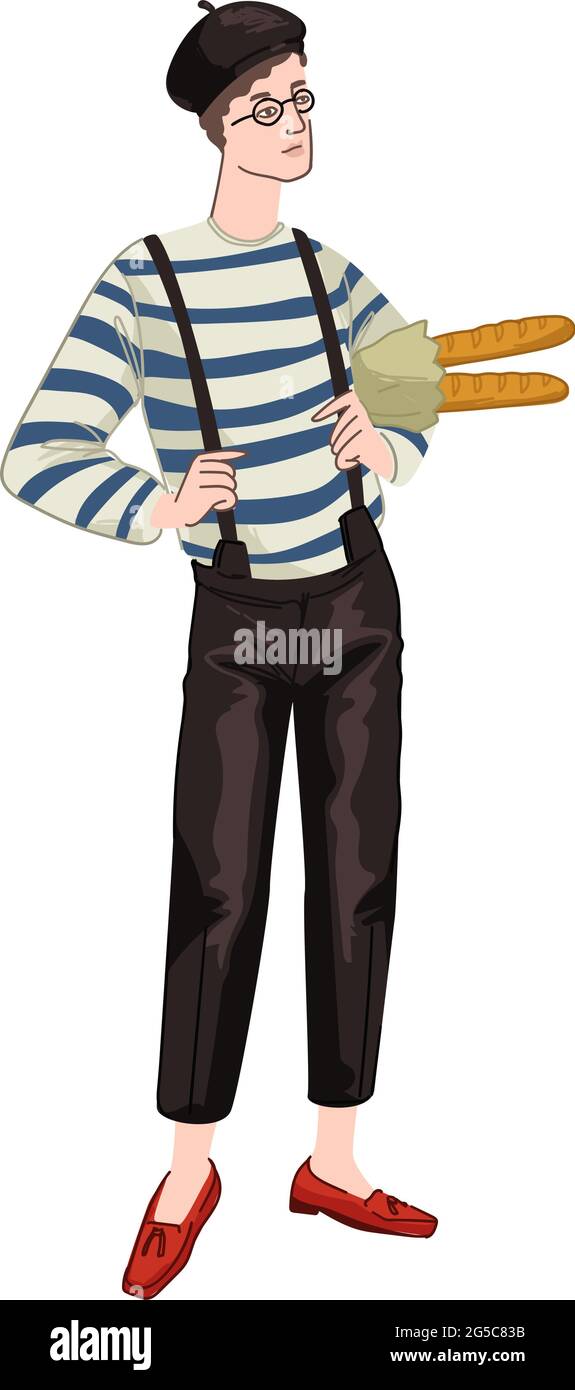 Man with baguettes wearing french style clothes Stock Vector