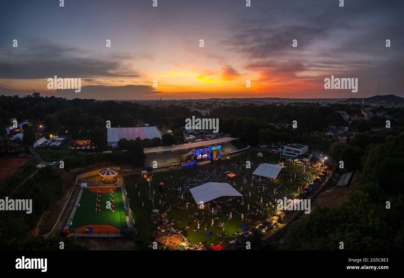 Lviv, Ukraine - June 24, 2021: Leopolis Jazz Fest 2021. Stage dedicated to Eddie Rosner. Picnic zone. Aerial view from drone Stock Photo