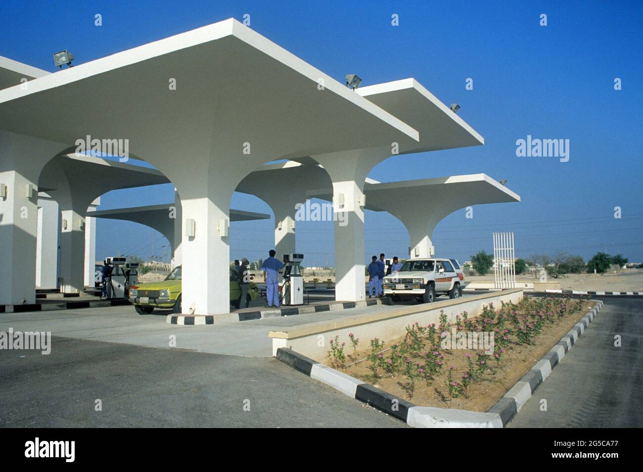 a petrol station in Doha city, state of Qatar. Slide picture taken in 1991 and scanned. Stock Photo