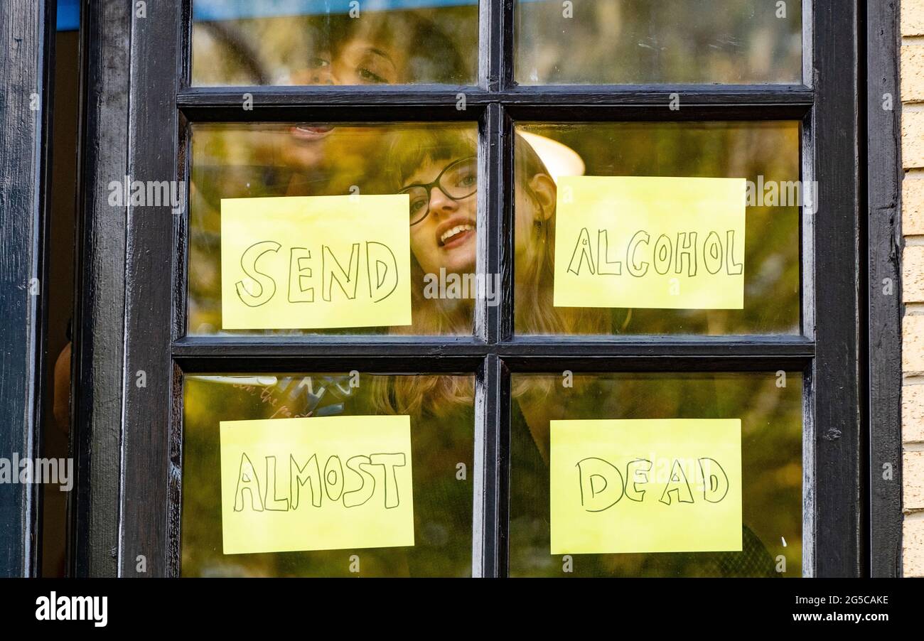 Students self-isolating inside their halls of residence at Murano Street in Glasgow have put messages in their windows, Glasgow, Scotland, UK Stock Photo