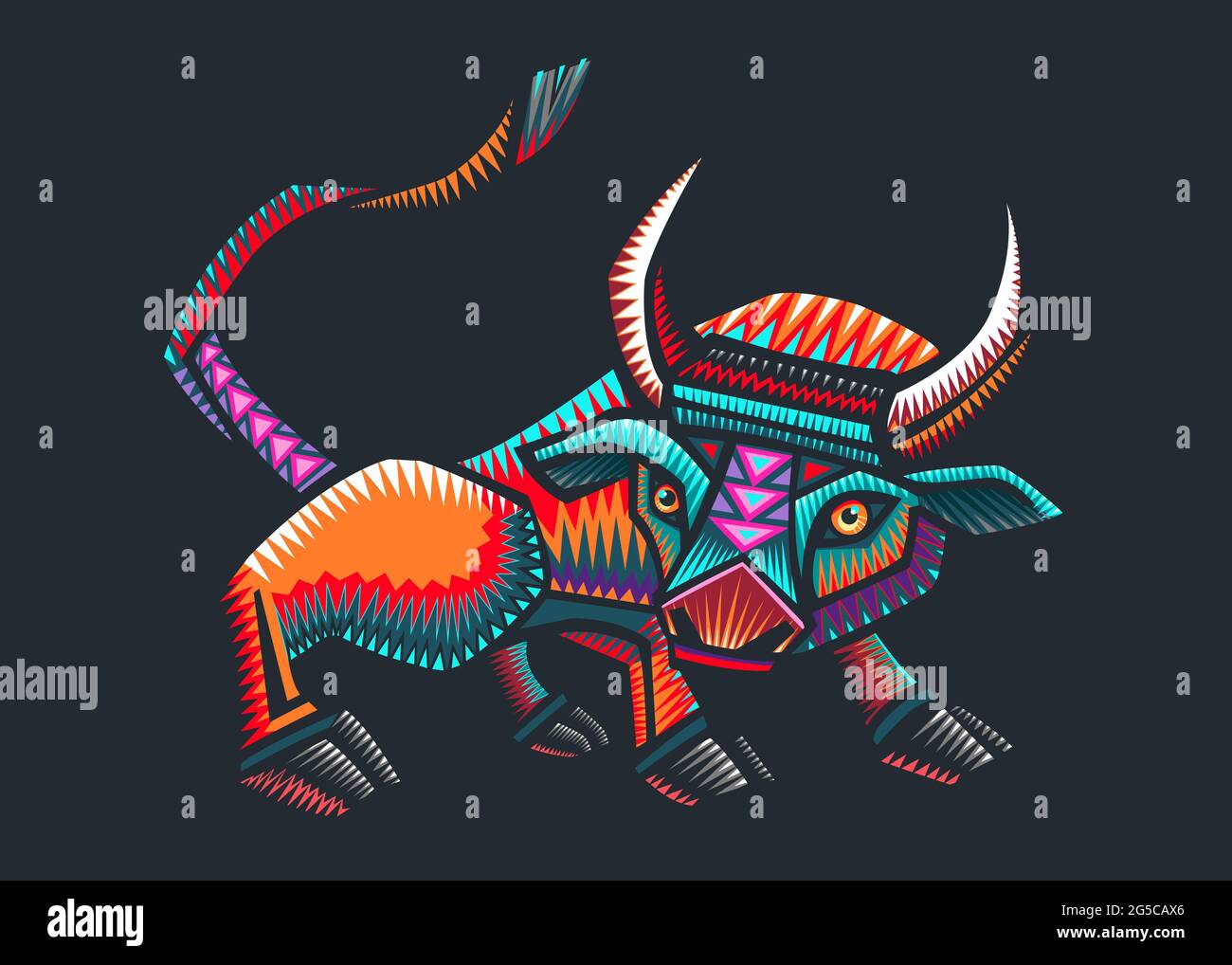 Hand drawn vector illustration or drawing of a colorful mexican indigenous bull in a traditional alebrije style Stock Photo