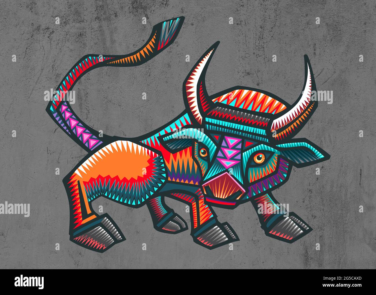Hand drawn illustration or drawing of a colorful mexican indigenous bull in a traditional alebrije style Stock Photo