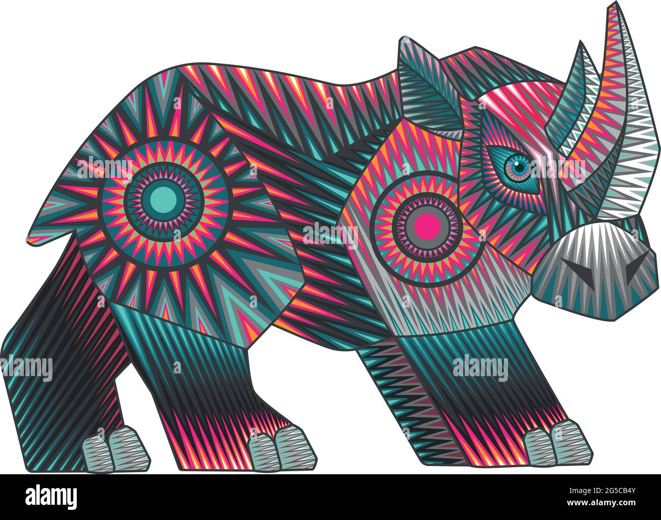 Hand drawn vector illustration or drawing of a colorful mexican indigenous rhino in a traditional alebrije style Stock Vector