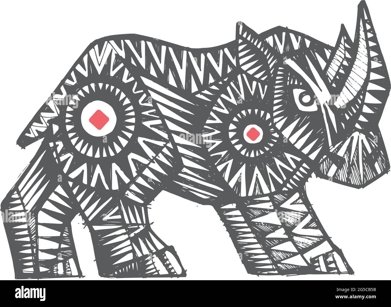 Hand drawn vector illustration or drawing of a mexican indigenous rhino in a traditional alebrije style Stock Vector