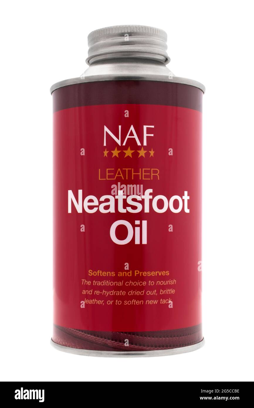 Can of Neatsfoot oil on white background Stock Photo