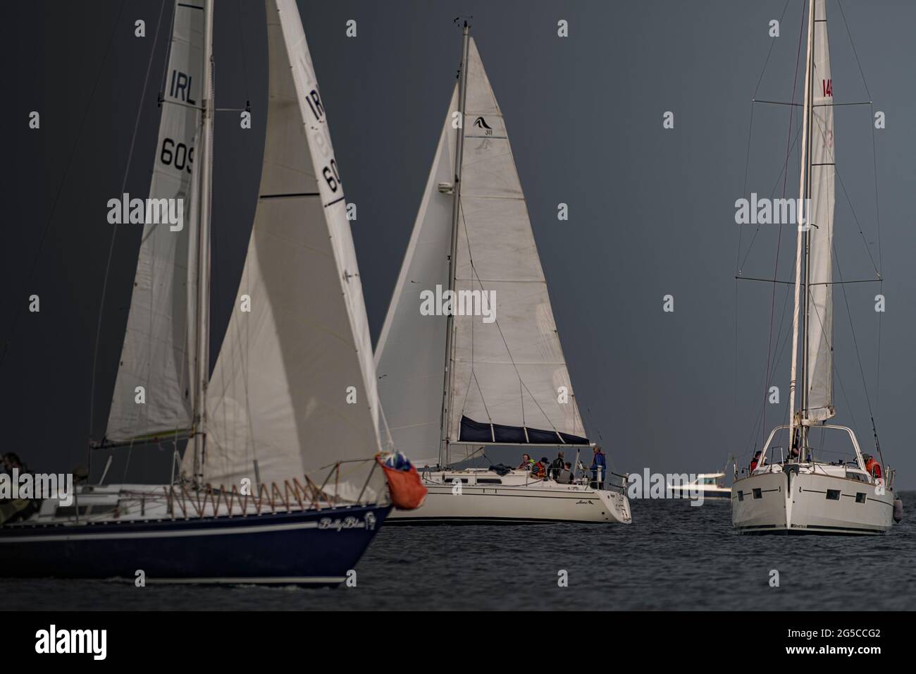 Sailing together. Group of sailboats sails during sail club regatta near Greystones, Irish sea