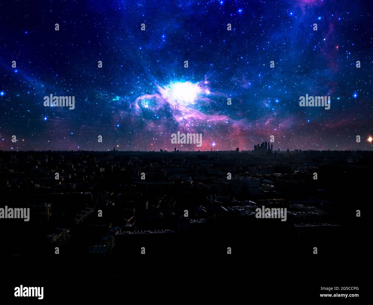 night sky with many stars over urban city landscape Stock Photo - Alamy