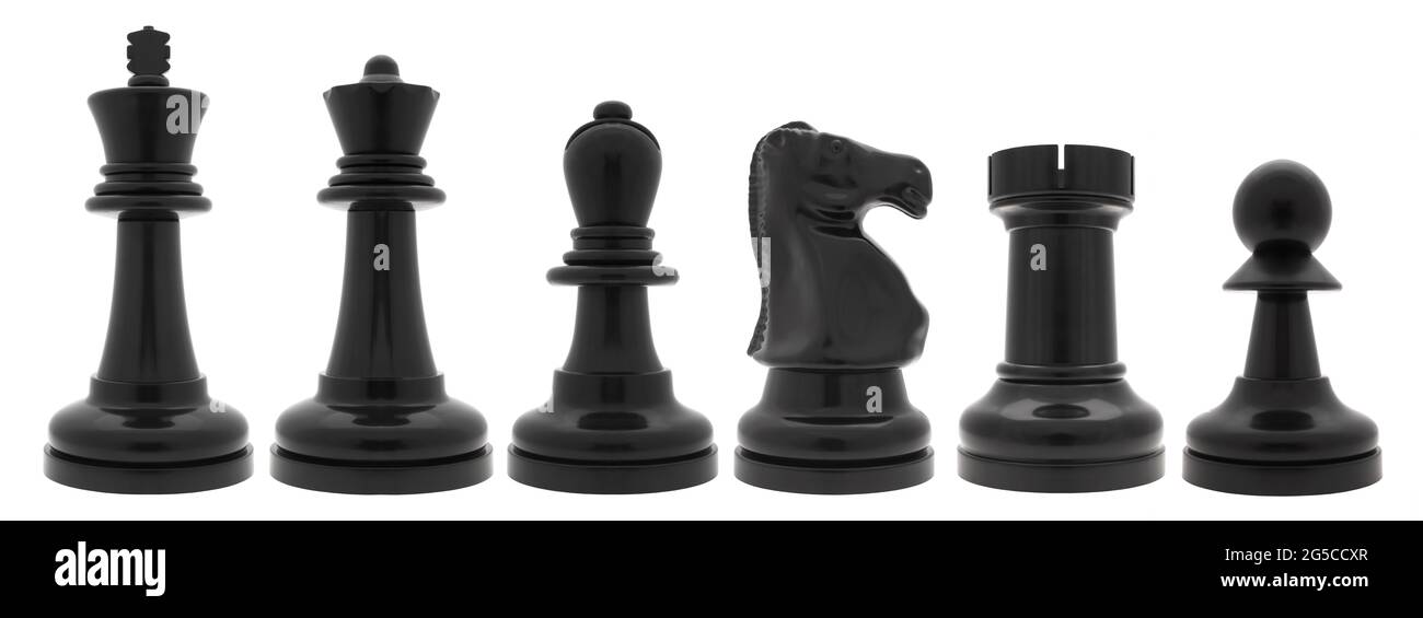 Black chess set pieces on white background Stock Photo