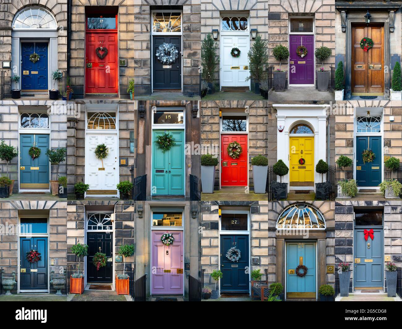 A great variety of Christmas wreaths are fixed to the colourful doors of townhouses in Edinburgh’s historic New Town, Scotland, UK Stock Photo