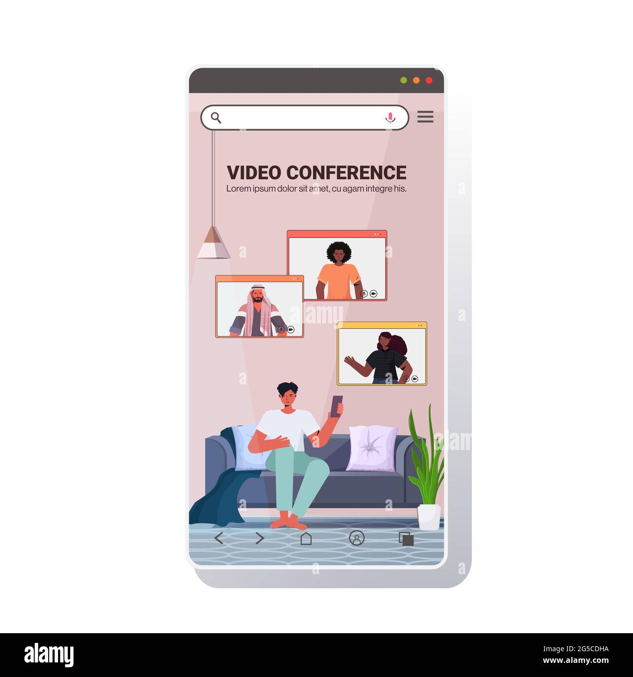 man chatting with mix race friends in web browser windows during video call online conference self isolation Stock Vector