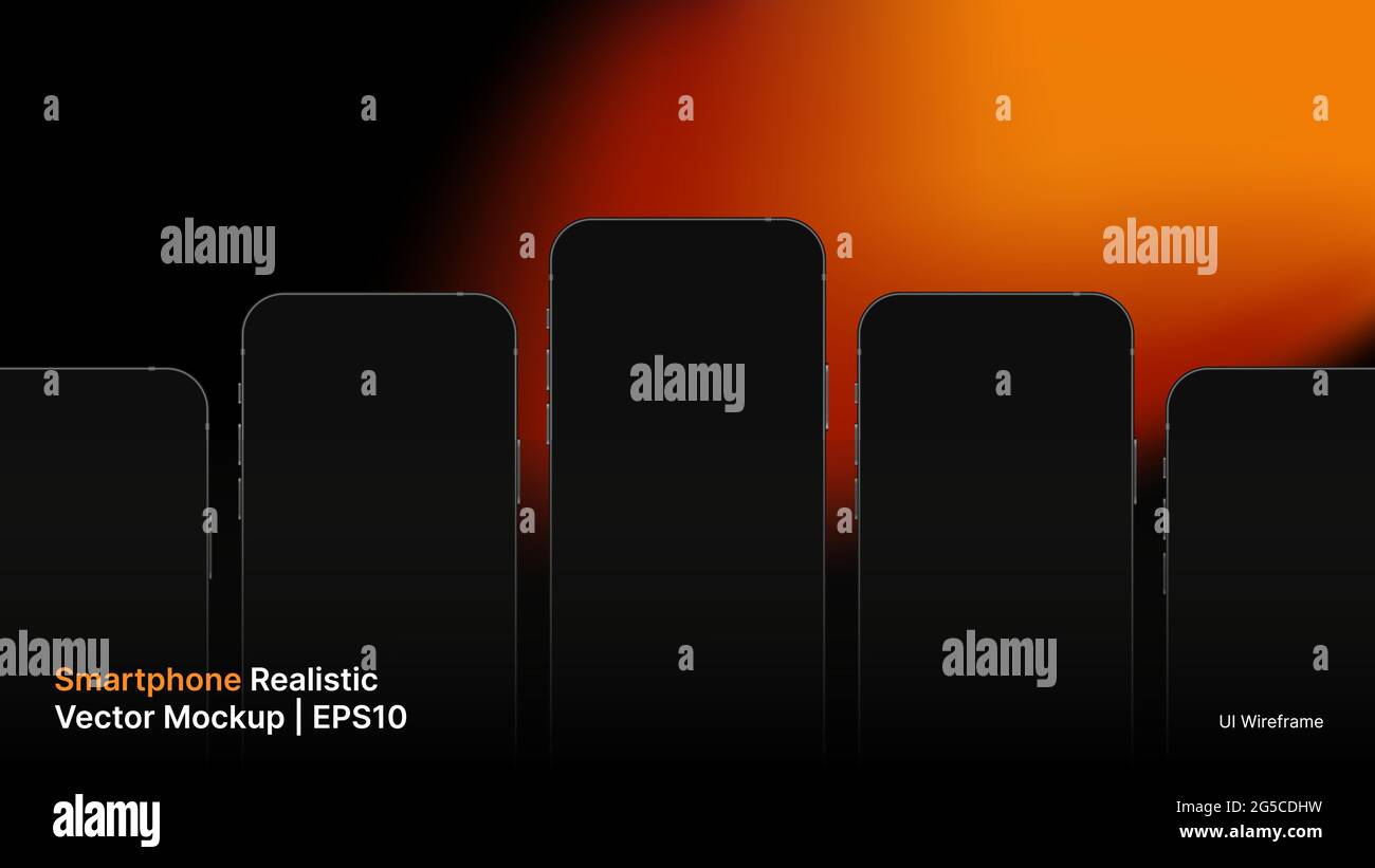 Smartphone Realistic Vector Mockup. Dark Mobile Screens on Gradient Background. Horizontal Slide Template for Presentation. Vector illustration Stock Vector
